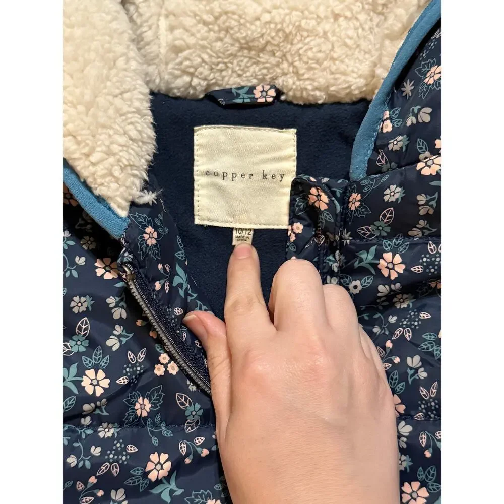 Copper Key Size 10/12 Navy Girl Puffer Floral‎ Sherpa Hooded Vest Full Zip